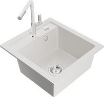 Mexen Vito granite kitchen sink 1-bowl with Flora kitchen faucet, white - 6503-20-670401-02