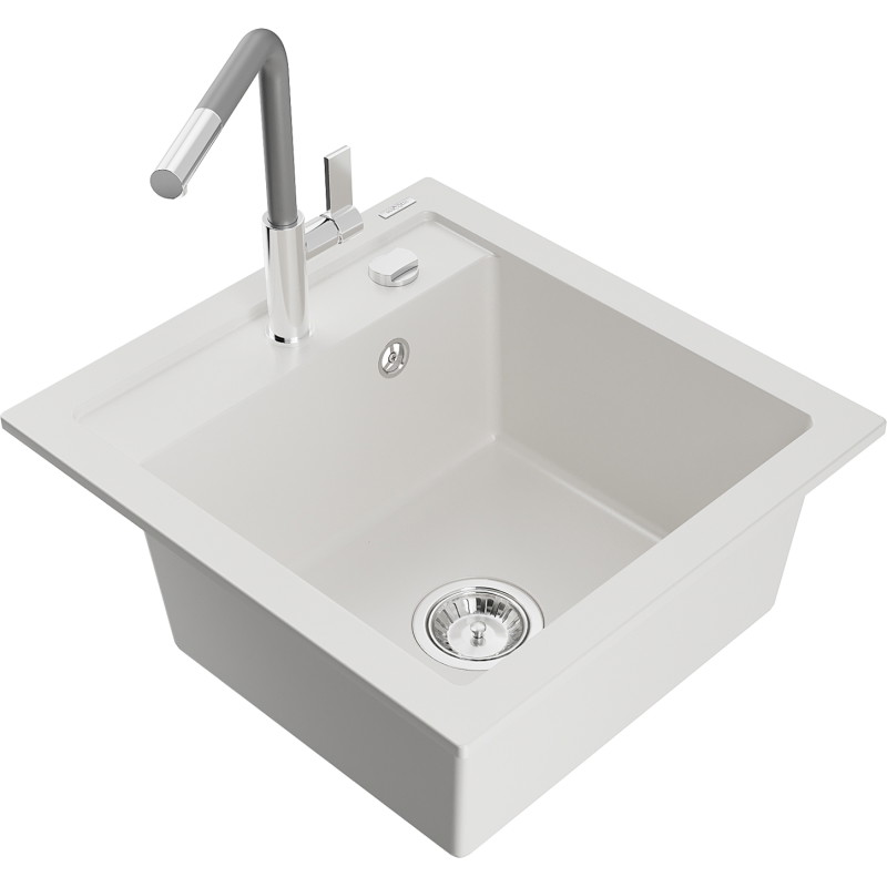 Mexen Vito Granite Sink 1-Bowl with Flora Kitchen Faucet, White - 6503-20-670401-06