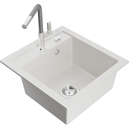 Mexen Vito Granite Sink 1-Bowl with Flora Kitchen Faucet, White - 6503-20-670401-06