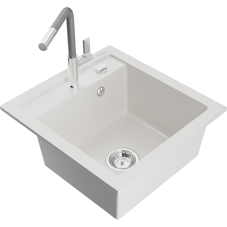 Mexen Vito single-bowl granite sink with Flora kitchen tap, white - 6503-20-670401-06