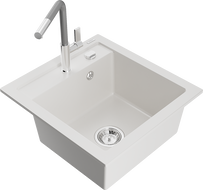 Mexen Vito granite kitchen sink 1-bowl with Flora kitchen faucet, white - 6503-20-670401-06