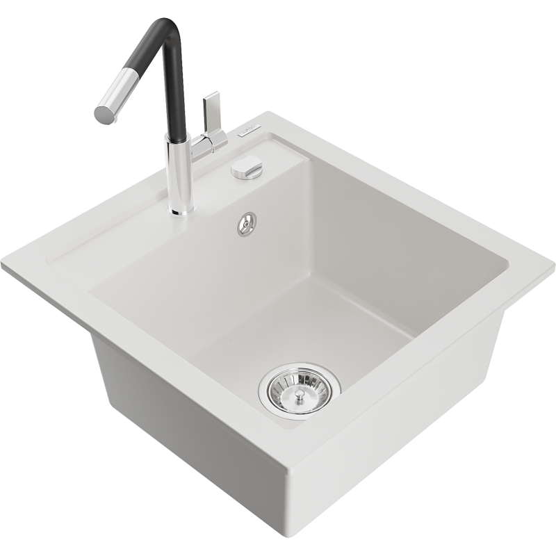 Mexen Vito 1-compartment granite sink with a kitchen mixer tap Flora, White - 6503-20-670401-07