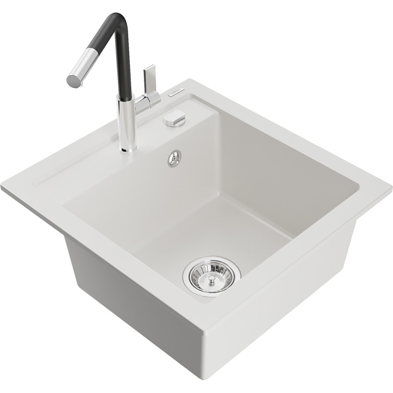 Mexen Vito granite kitchen sink 1-bowl with Flora kitchen faucet, white - 6503-20-670401-07
