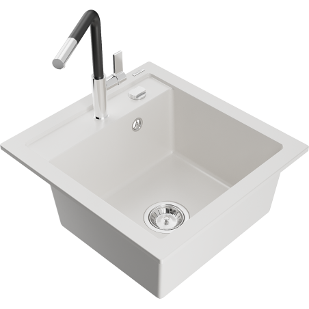 Mexen Vito 1-compartment granite sink with a kitchen mixer tap Flora, White - 6503-20-670401-07