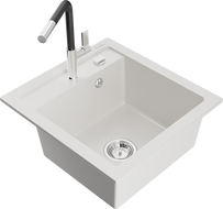 Mexen Vito granite kitchen sink 1-bowl with Flora kitchen faucet, white - 6503-20-670401-07