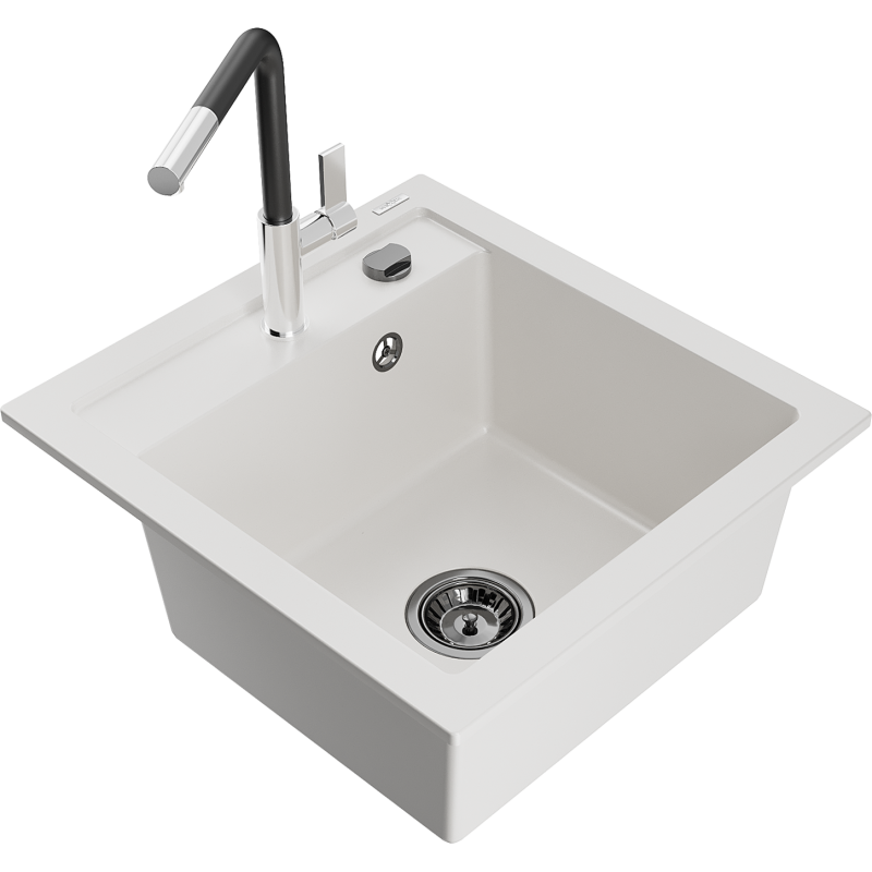 Mexen Vito 1-compartment granite sink with a kitchen mixer tap Flora, White - 6503-20-670401-07-B