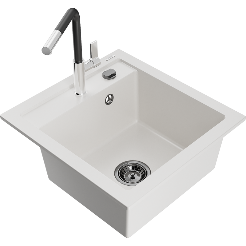 Mexen Vito granite 1-bowl kitchen sink with Flora tap, white - 6503-20-670401-07-B