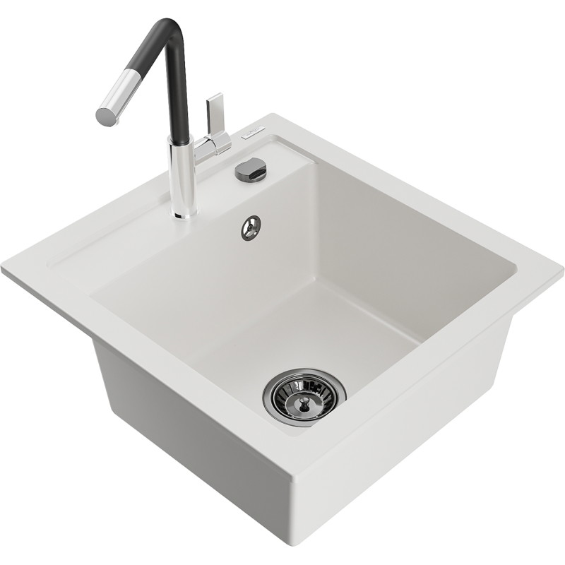 Mexen Vito granite single-bowl sink with Flora kitchen faucet, white - 6503-20-670401-07-B