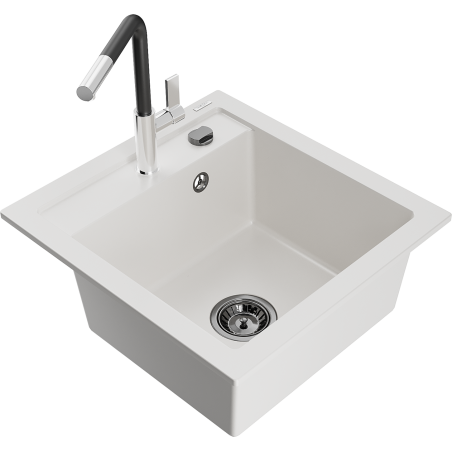 Mexen Vito 1-compartment granite sink with a kitchen mixer tap Flora, White - 6503-20-670401-07-B