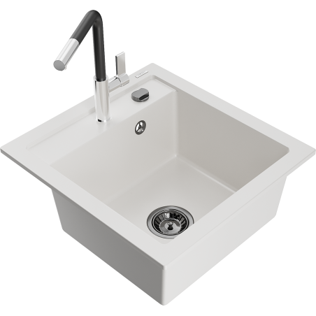 Mexen Vito granite 1-bowl kitchen sink with Flora tap, white - 6503-20-670401-07-B