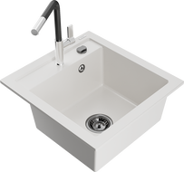 Mexen Vito granite 1-bowl kitchen sink with Flora tap, white - 6503-20-670401-07-B