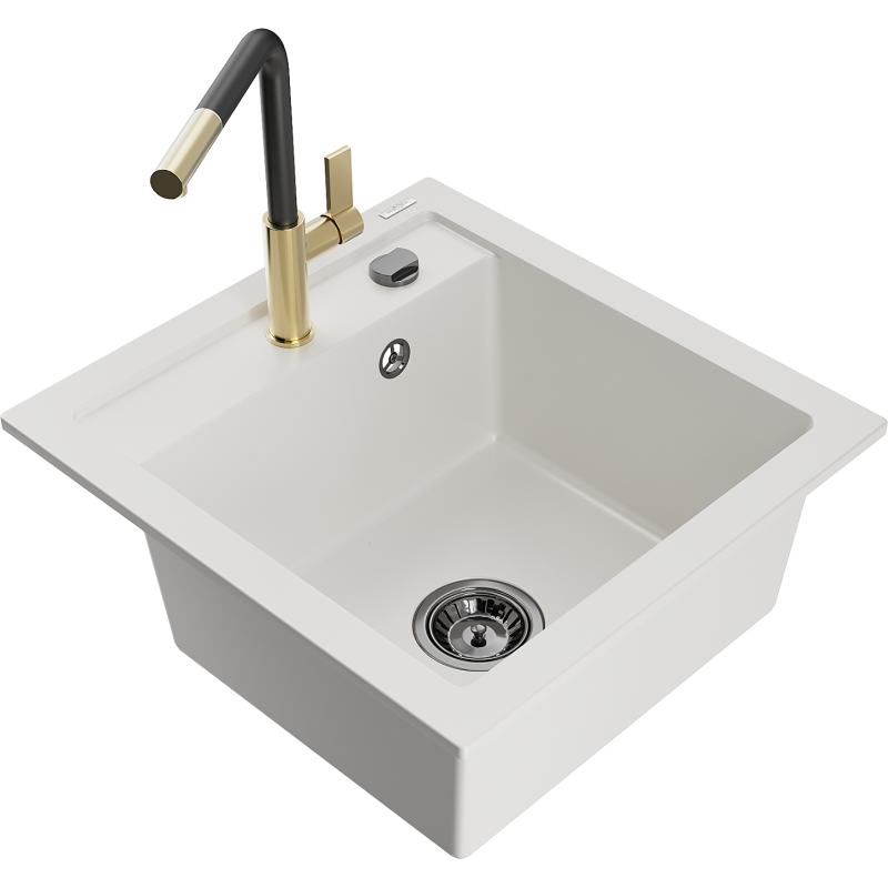 Mexen Vito 1-compartment granite sink with a kitchen mixer tap Flora, White - 6503-20-670401-57-B