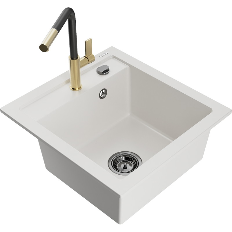 Mexen Vito granite sink 1-bowl with Flora kitchen faucet, white - 6503-20-670401-57-B