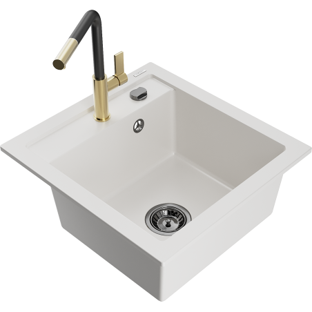 Mexen Vito 1-bowl granite sink with Flora kitchen faucet, white - 6503-20-670401-57-B