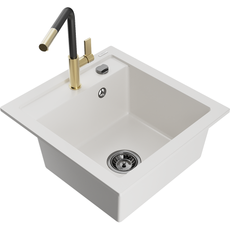Mexen Vito granite sink 1-bowl with Flora kitchen faucet, white - 6503-20-670401-57-B