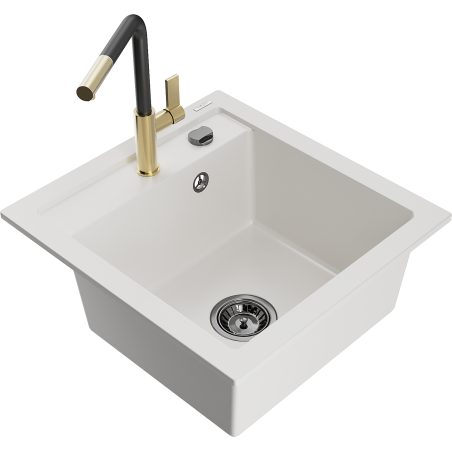 Mexen Vito granite sink 1-bowl with Flora kitchen tap, white - 6503-20-670401-57-B