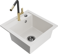Mexen Vito granite sink 1-bowl with Flora kitchen faucet, white - 6503-20-670401-57-B