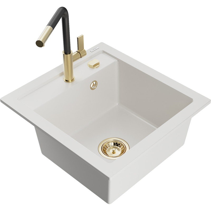 Mexen Vito 1-bowl granite sink with Flora kitchen faucet, white - 6503-20-670401-57-G