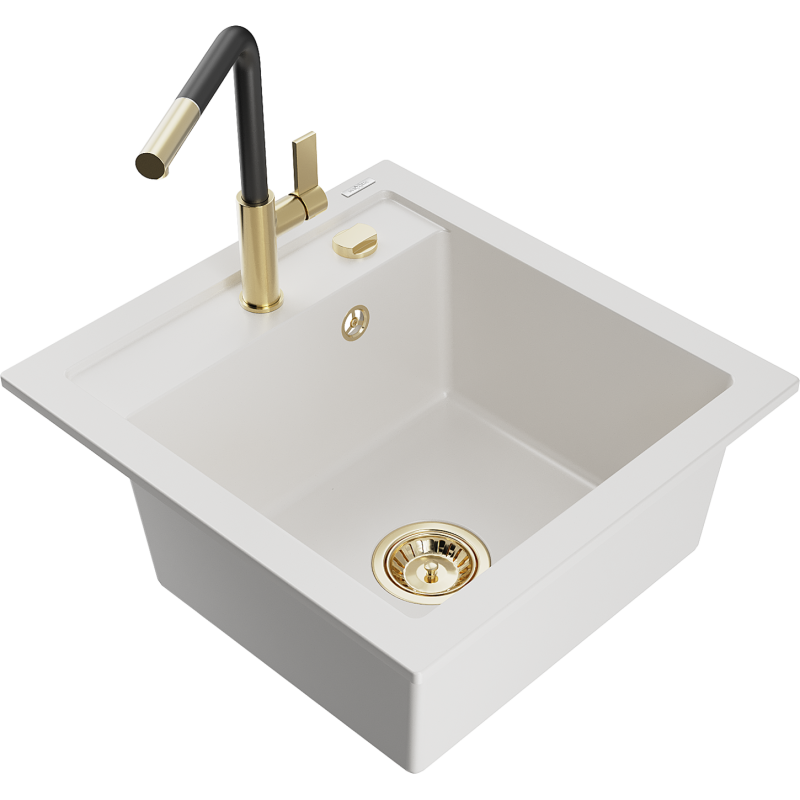 Mexen Vito 1-compartment granite sink with a kitchen mixer tap Flora, White - 6503-20-670401-57-G