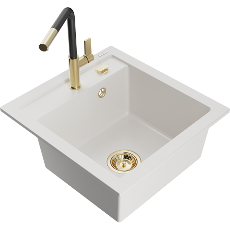 Mexen Vito 1-basin granite sink with Flora kitchen tap, white - 6503-20-670401-57-G