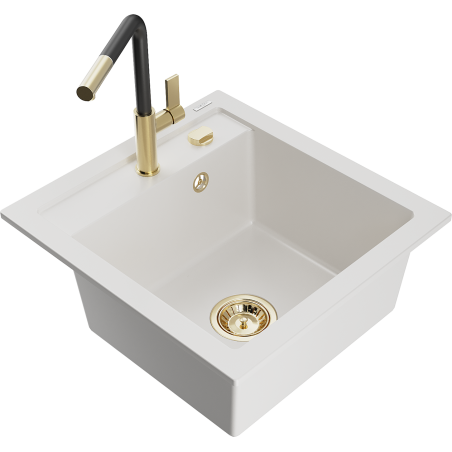 Mexen Vito 1-bowl granite sink with Flora kitchen faucet, white - 6503-20-670401-57-G