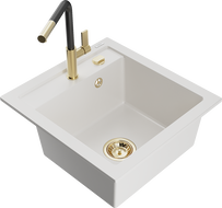 Mexen Vito 1-bowl granite sink with Flora kitchen faucet, white - 6503-20-670401-57-G