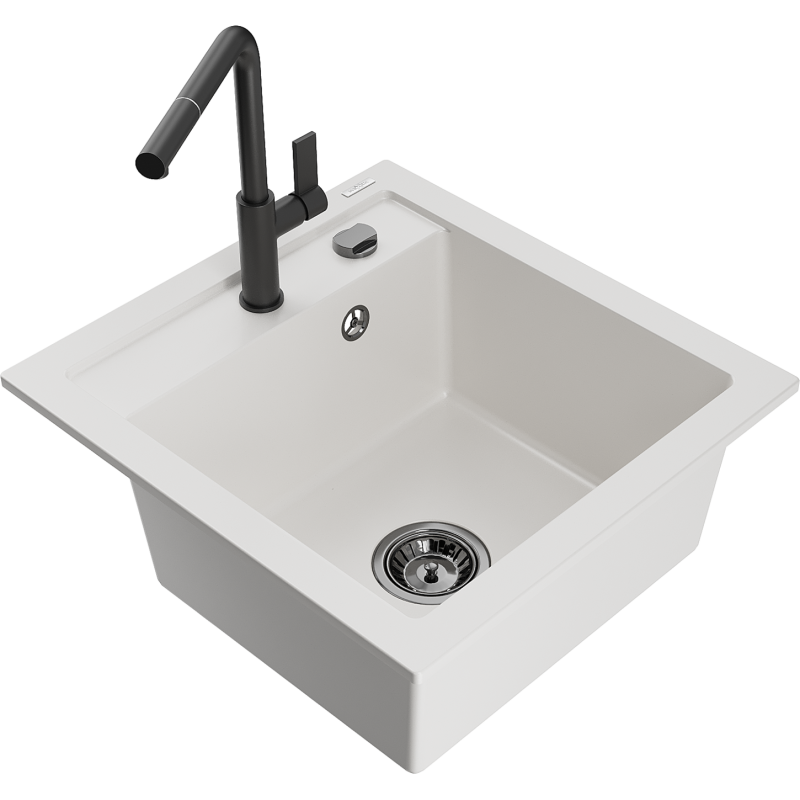 Mexen Vito 1-compartment granite sink with a kitchen mixer tap Flora, White - 6503-20-670401-70-B