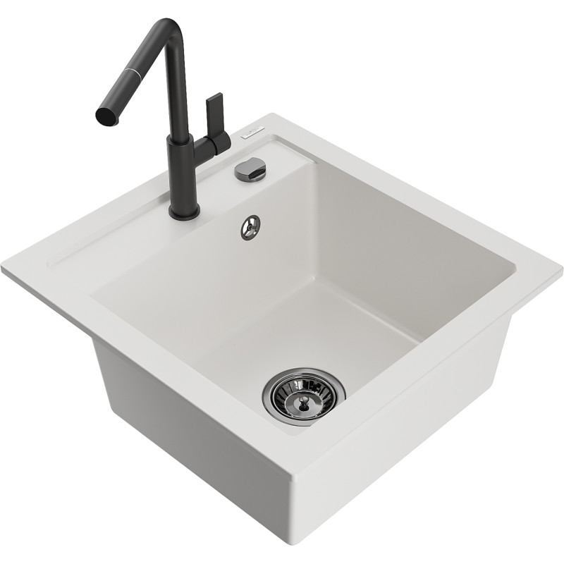 Mexen Vito granite kitchen sink 1-bowl with Flora kitchen faucet, white - 6503-20-670401-70-B