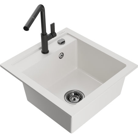 Mexen Vito granite kitchen sink 1-bowl with Flora kitchen faucet, white - 6503-20-670401-70-B