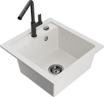 Mexen Vito granite sink 1-bowl with Flora kitchen faucet, white - 6503-20-670401-70-B