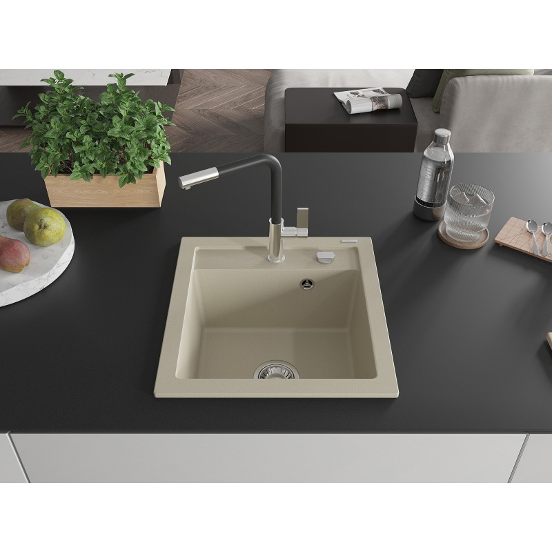 Mexen Vito 1-bowl granite sink with Flora kitchen faucet, beige - 6503-69-670401-07