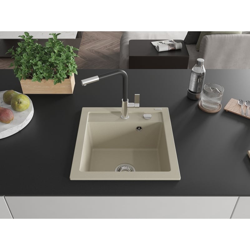 Mexen Vito single-bowl granite sink with Flora kitchen faucet, beige - 6503-69-670401-07