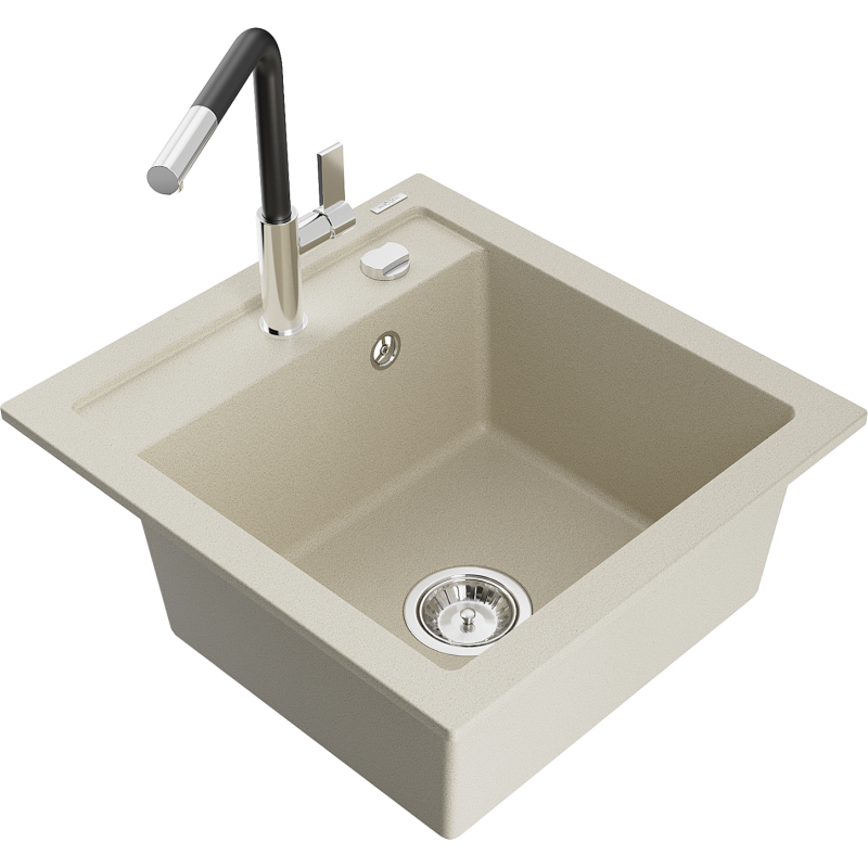 Mexen Vito 1-bowl granite kitchen sink with Flora kitchen tap, beige - 6503-69-670401-07