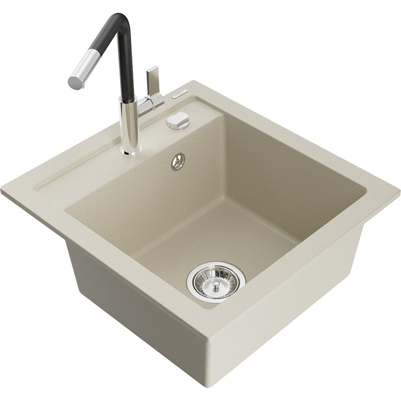 Mexen Vito 1-bowl granite sink with Flora kitchen faucet, beige - 6503-69-670401-07