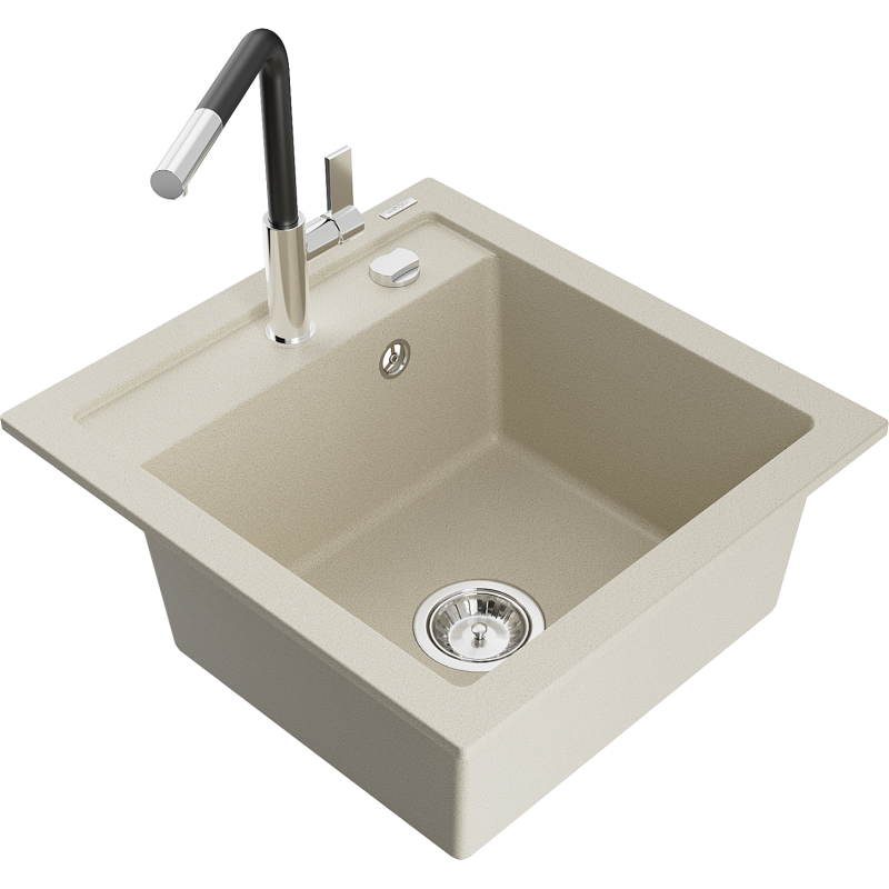 Mexen Vito 1-compartment granite sink with a kitchen mixer tap Flora, Beige - 6503-69-670401-07