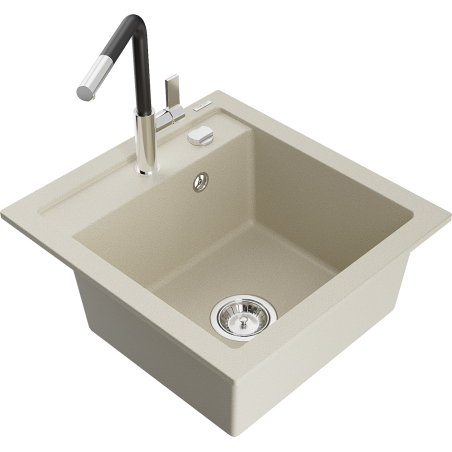 Mexen Vito 1-bowl granite sink with Flora kitchen faucet, beige - 6503-69-670401-07