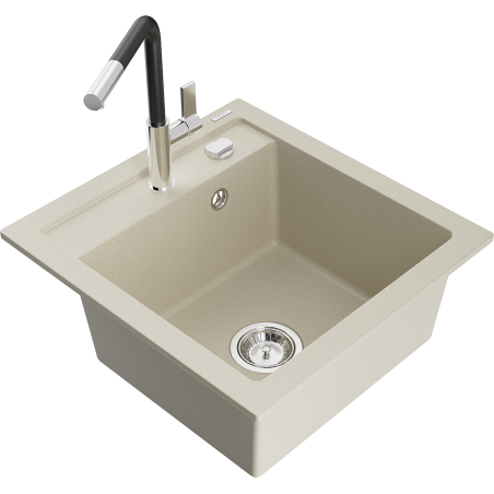 Mexen Vito 1-compartment granite sink with a kitchen mixer tap Flora, Beige - 6503-69-670401-07