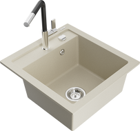 Mexen Vito 1-bowl granite kitchen sink with Flora kitchen tap, beige - 6503-69-670401-07