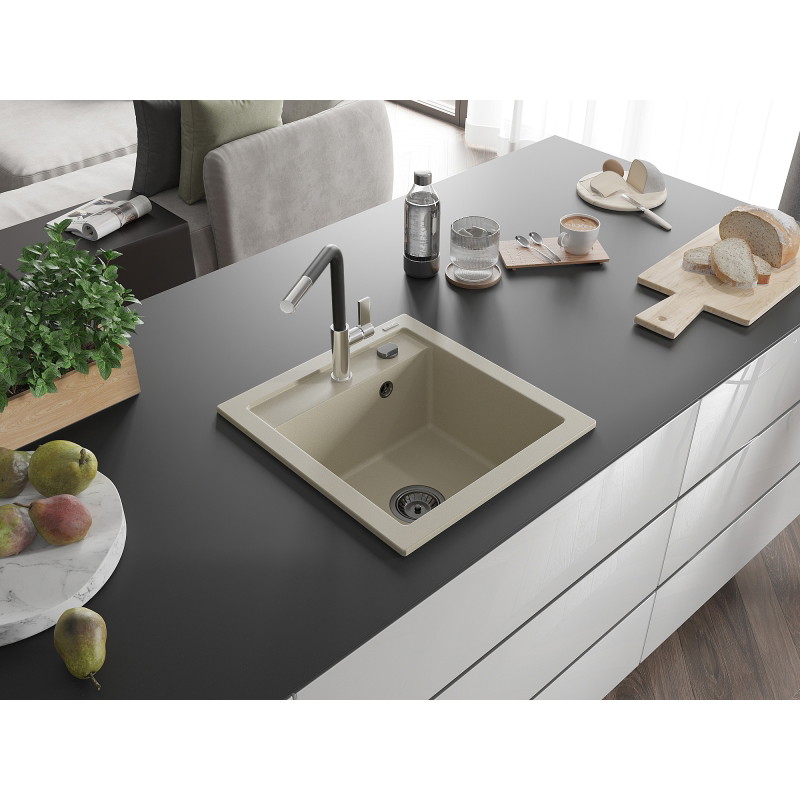 Mexen Vito 1-bowl granite sink with Flora kitchen faucet, beige - 6503-69-670401-07-B