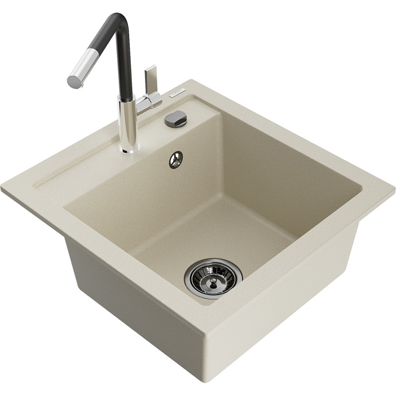 Mexen Vito granite kitchen sink 1-bowl with Flora kitchen faucet, beige - 6503-69-670401-07-B