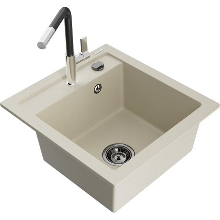Mexen Vito 1-bowl granite sink with Flora kitchen faucet, beige - 6503-69-670401-07-B