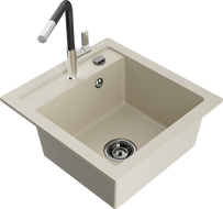 Mexen Vito granite kitchen sink 1-bowl with Flora kitchen faucet, beige - 6503-69-670401-07-B