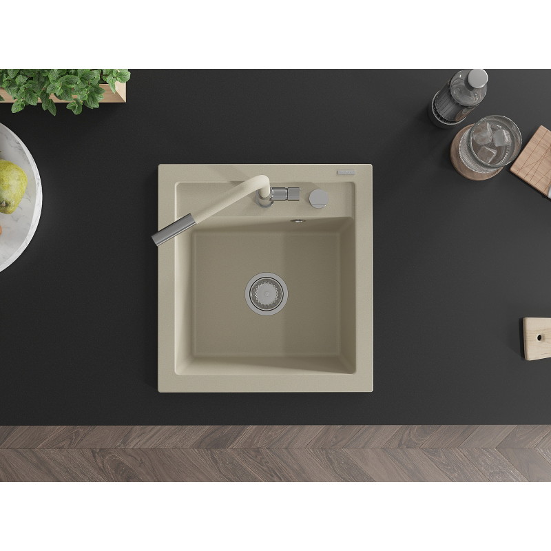 Mexen Vito 1-bowl granite sink with Flora kitchen faucet, beige - 6503-69-670401-09