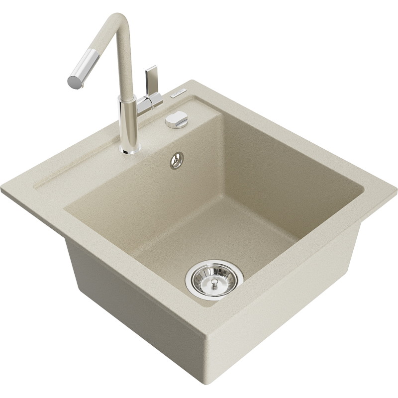 Mexen Vito 1-bowl granite sink with Flora kitchen faucet, beige - 6503-69-670401-09