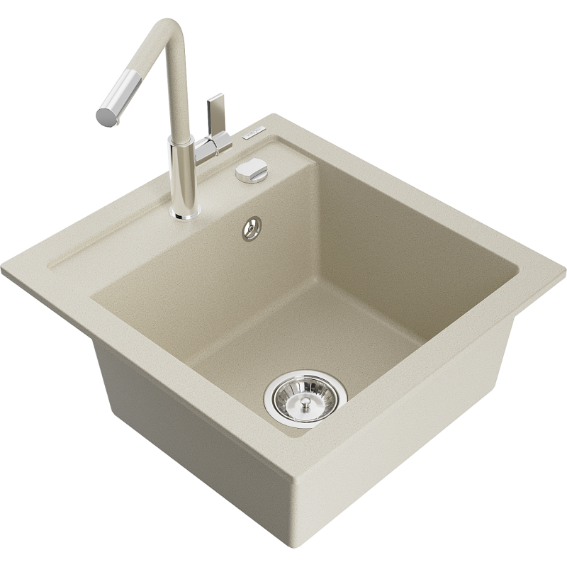 Mexen Vito 1-bowl granite sink with Flora kitchen tap, beige - 6503-69-670401-09
