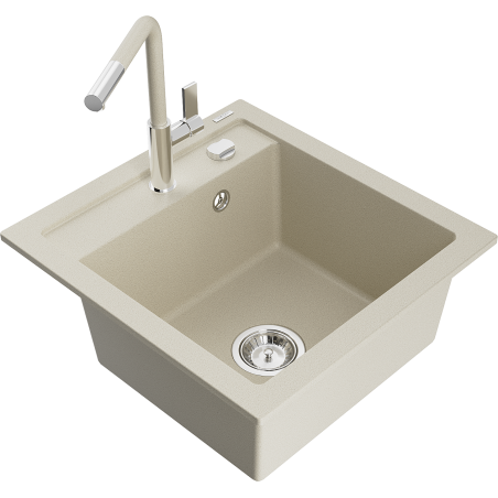 Mexen Vito 1-bowl granite sink with Flora kitchen faucet, beige - 6503-69-670401-09