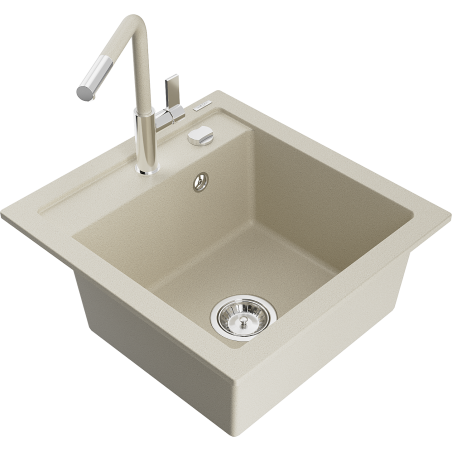 Mexen Vito 1-bowl granite sink with Flora kitchen tap, beige - 6503-69-670401-09