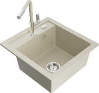 Mexen Vito 1-bowl granite sink with Flora kitchen faucet, beige - 6503-69-670401-09