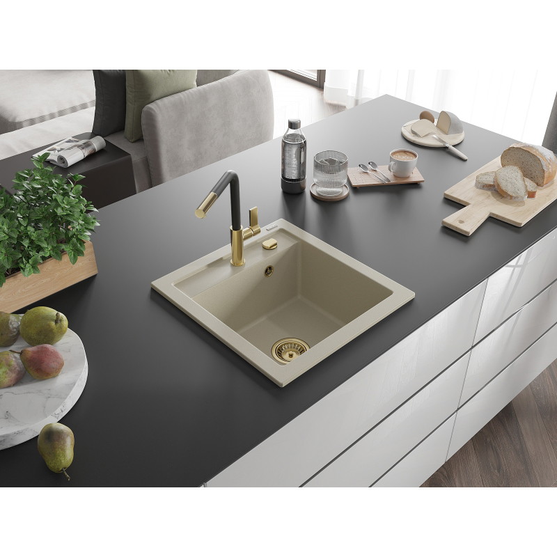Mexen Vito granite sink with 1 bowl and Flora kitchen faucet, beige - 6503-69-670401-57-G