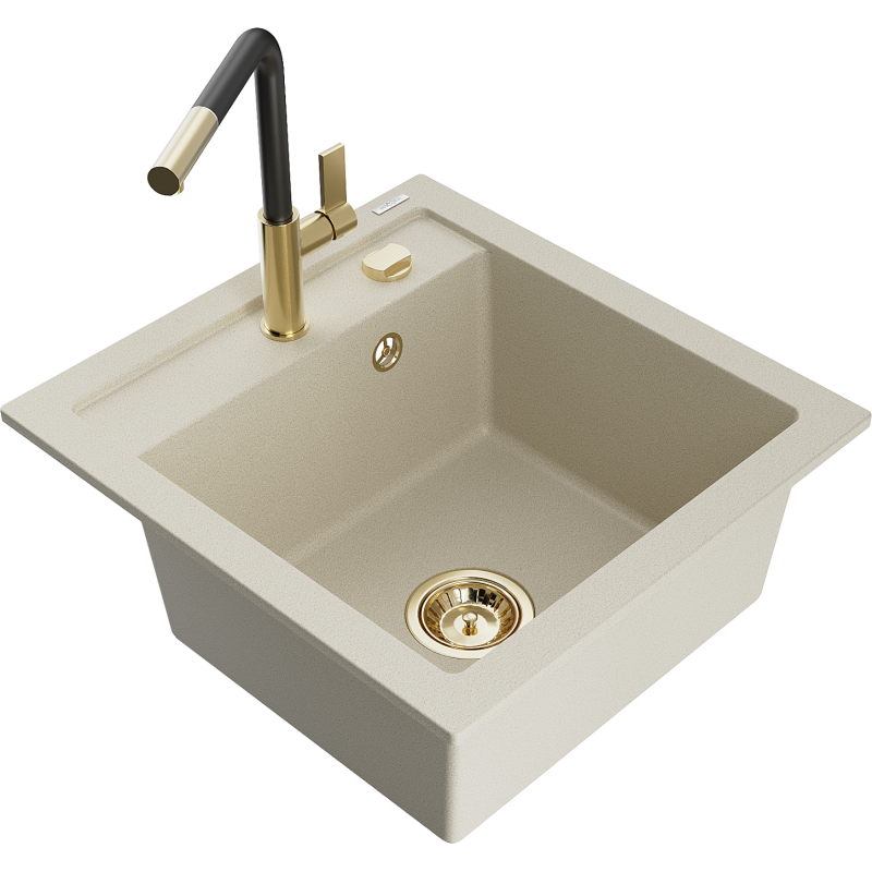 Mexen Vito 1-compartment granite sink with a kitchen mixer tap Flora, Beige - 6503-69-670401-57-G